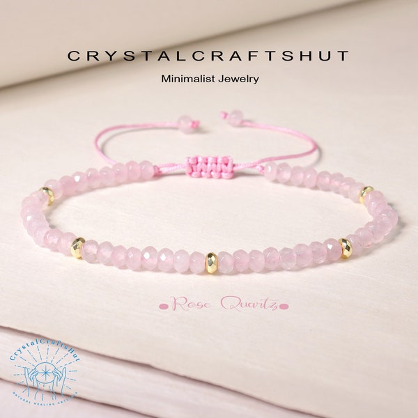 Rose Quartz Minimalist Bracelet Rose Quartz Gemstone Bead Bracelet 3MM Tiny Bead Bracelet Adjustable Crystal Dainty Bracelet Unique Gift