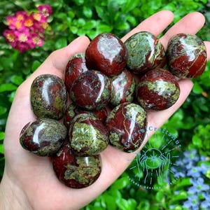 Op de afbeelding: Een verzameling gepolijste drakenbloedjaspisstenen met dieprode en mosgroene gevlekte patronen. De stenen zijn glad, afgerond en vertonen natuurlijke kleurvariaties. Een blauw logo met de tekst CrystalCraftsHur is zichtbaar.