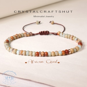 African Opal Minimalist Bracelet 3MM Opal Gemstone Beaded Bracelet Adjustable Birthstone Gift for Mom Sister Wife Friends +Gift Pouch