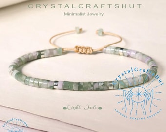 Green Jade Minimalist Bracelet 4mm Tiny Tube Stone Bracelet Natural Green Gemstone Beaded Bracelet Birthstone Jade Dainty Bracelet Nice Gift