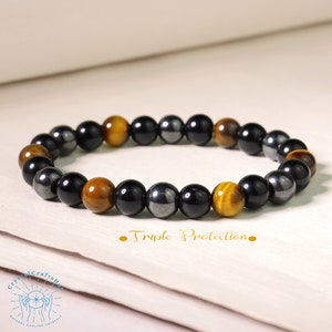 Natural Tiger&#39;s Eye, Hematite, and Black Obsidian Stretch Bracelet | Crystals Bracelet for Men & Women | Energy Protection and Balance
