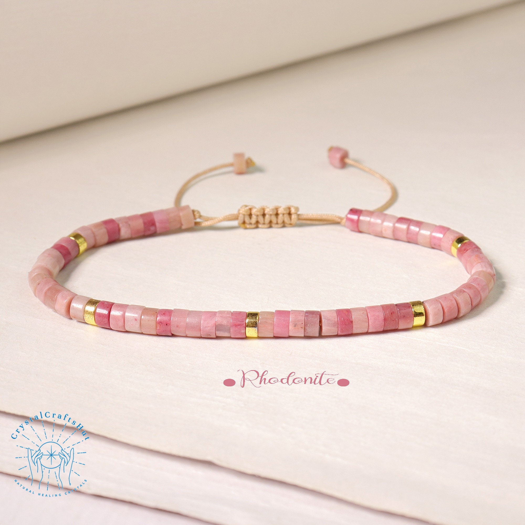 Natural Rhodonite Dainty Bracelet -4mm Tube  Crystal Yoga Bracelet- Tiny Beads Gemstone Bracelet Minimalist Crystal Bracelet Gift for Mom