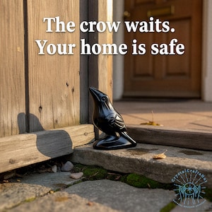 May include: A black raven figurine with detailed wing and feather carvings, perched on a stone step near a wooden door. The text "The crow waits. Your home is safe" is displayed above the raven.