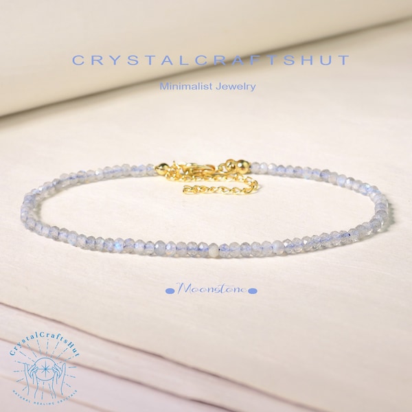 Moonstone Minimalist Bracelet, Healing Gemstone Skinny Bracelet, 3MM Tiny Bead Bracelet, Yoga Crystal Delicate Bracelet, Christmas Gift