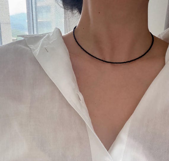 AAA+ Obsidian Stone Delicate Necklace 2MM Tiny Black Gemstone Beaded Dainty Choker Natural Black Obsidian Minimalist Choker Crystal Gift