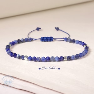 Sodalite Bracelet Blue Gemstone Bead Minimalist Bracelet 2MM Tiny Bead Stone Bracelet Adjustable Yoga Crystal Dainty Bracelet +Gift Pouch