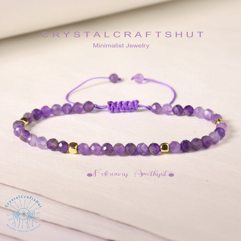 Amethyst Minimalist Bracelet Delicate Beaded Purple Gemstone Skinny Bracelet 3MM Tiny Bead Stone Bracelet Yoga Crystal Dainty Bracelet Gift image 1