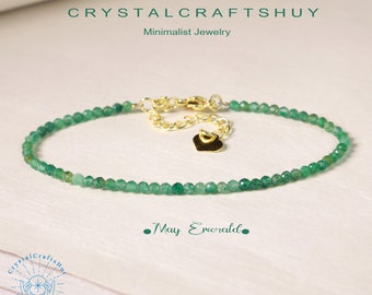 Emerald Minimalist Bracelet, Healing Green Gemstone Skinny Bracelet, 2MM Tiny Bead Bracelet, Yoga Crystal Delicate Bracelet, Christmas Gift