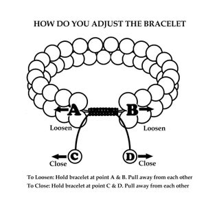 May include: Diagram illustrating how to adjust a bracelet. The image shows a bracelet with labeled points A, B, C, and D, with instructions to loosen or close the bracelet by pulling at specific points. Text reads: "HOW DO YOU ADJUST THE BRACELET."