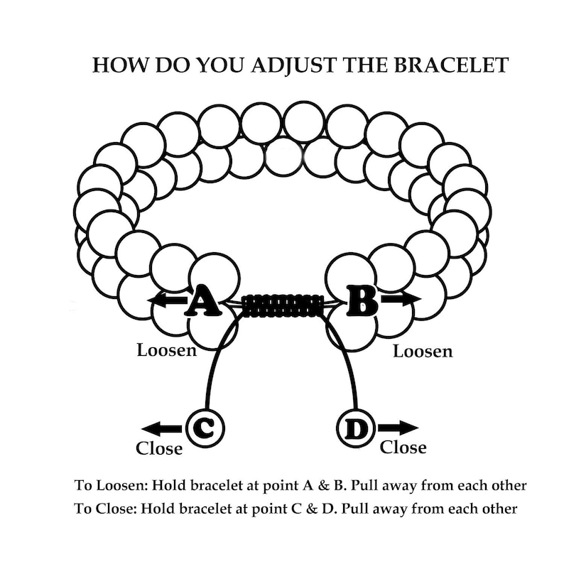 May include: Diagram illustrating how to adjust a bracelet. The image shows a bracelet with labeled points A, B, C, and D, with instructions to loosen or close the bracelet by pulling at specific points. Text reads: "HOW DO YOU ADJUST THE BRACELET."