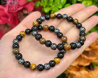 Triple Protection Bracelet: Tiger's Eye, Hematite, Obsidian, Men Women Balance, 8mm bead