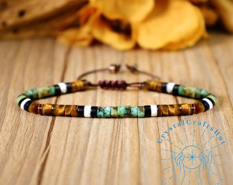 Turquoise +Obsidian +Tiger Eye Stone Tube Minimalist Bracelet Adjustable  Triple Protection Bracelet 4MM Tiny Bead Delicate Anklet  Gift