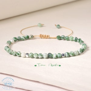 Tree Agate Bracelet Green Gemstone Bead Minimalist Bracelet 4MM Tiny Bead Stone Bracelet Adjustable Yoga Crystal Dainty Bracelet Best Gift