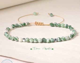 Tree Agate Bracelet Green Gemstone Bead Minimalist Bracelet 4MM Tiny Bead Stone Bracelet Adjustable Yoga Crystal Dainty Bracelet Best Gift