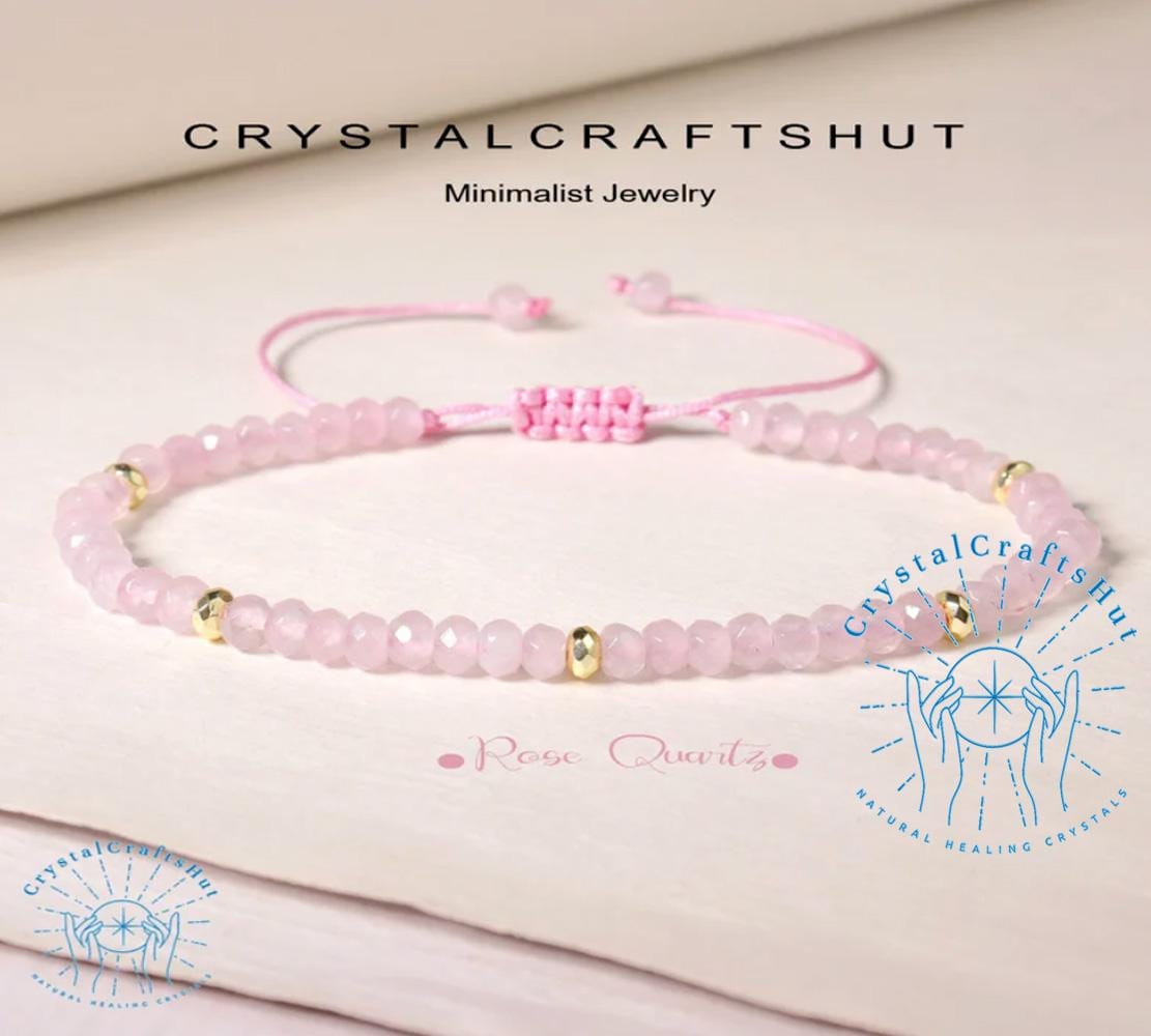 Rose Quartz Minimalist Bracelet Rose Quartz Gemstone Bead Bracelet 3MM Tiny Bead Bracelet Adjustable Crystal Dainty Bracelet Unique Gift