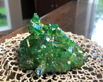 Green Geode Quartz Cluster, Electroplated Raw Crystal for DIY Jewelry & Crafts, Green Aura Geode Collection for Decor, with Gift Pouch