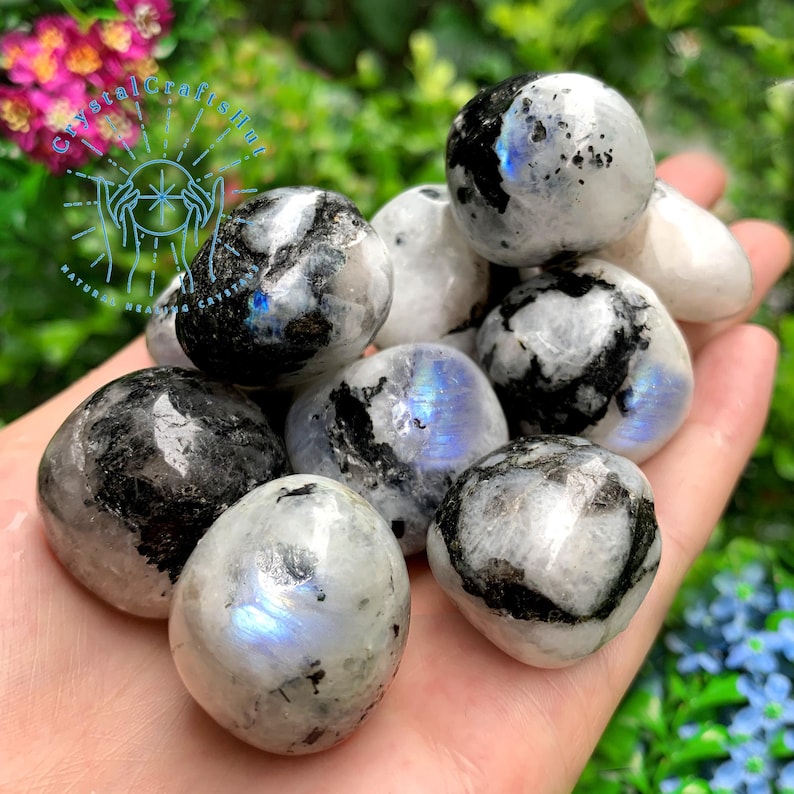 May include: A collection of tumbled rainbow moonstone stones with black inclusions. The stones are smooth and polished, with a variety of shapes and sizes.