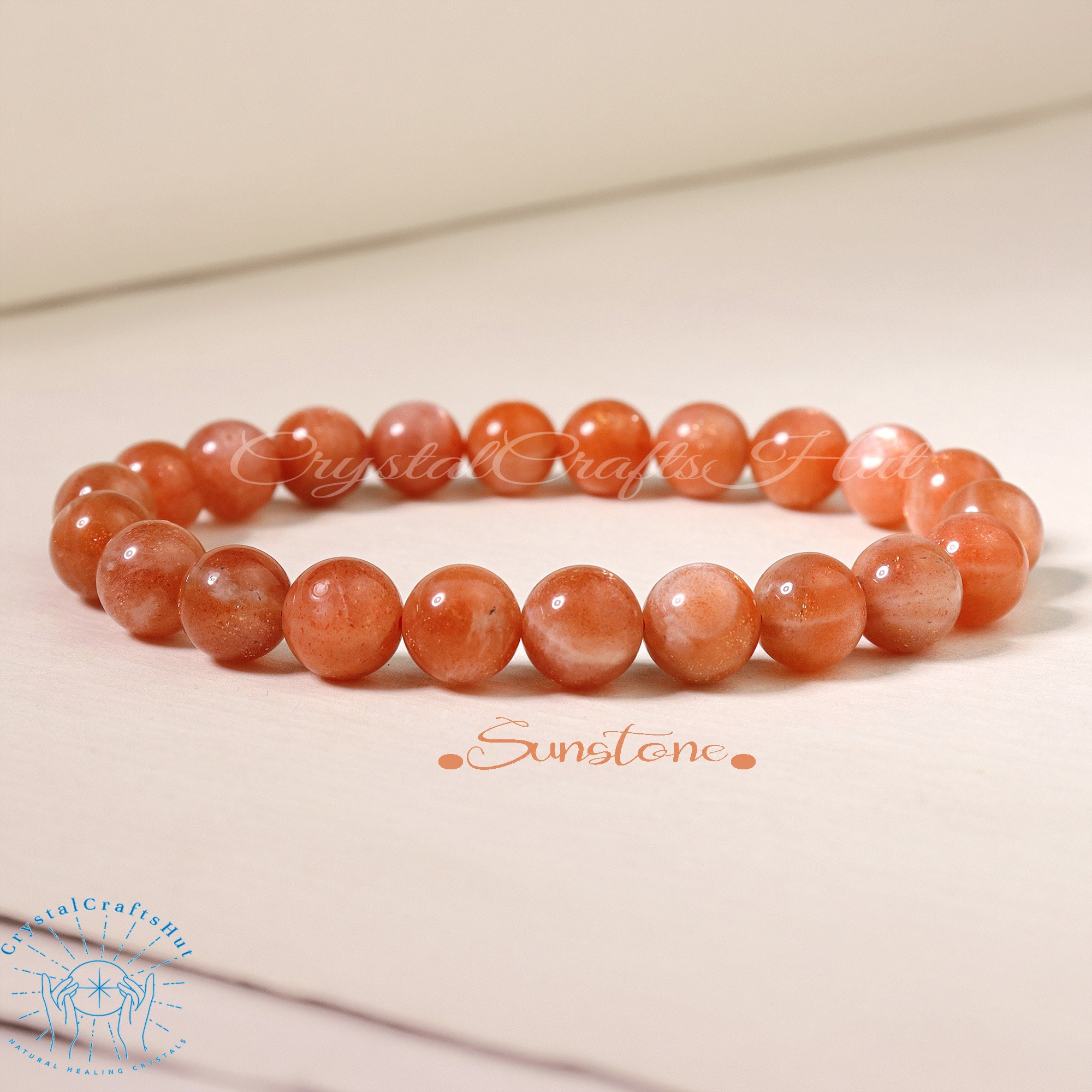 Sunstone Beaded Bracelet Sunstone Crystal Bracelet Orange Sunstone Gemstone Bracelet Birthstone Gift for Mom Sister Wife Friends +Gift Pouch