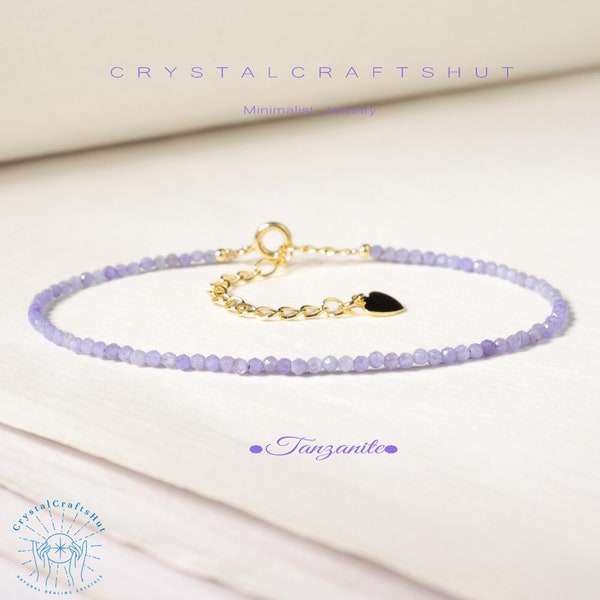 Purple Tanzanite Minimalist Bracelet Purple Gemstone Skinny Bracelet 3MM Tiny Bead Stone Delicate Bracelet Yoga Dainty Bracelet +Gift Pouch