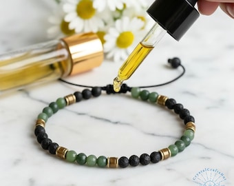 Jade & Lava Dainty Bracelet for Essential Oils | 4mm Tiger Eye Tube Beads | Adjustable Diffuser Jewelry | Aromatherapy Gift