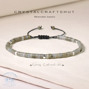 4MM Labradorite Bracelet | Gray Gemstone Minimalist Jewelry | Adjustable Tiny Beaded Dainty Bracelet | Perfect Gift for Friends +Gift Pouch