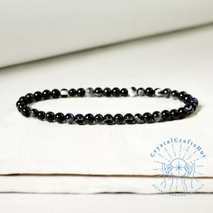 Natural Black Agate Bead Bracelet 4mm Round Stretch Bracelet Black Gemstone Bracelet Meditation Triple Protection Agate Yoga Bracelet Gift