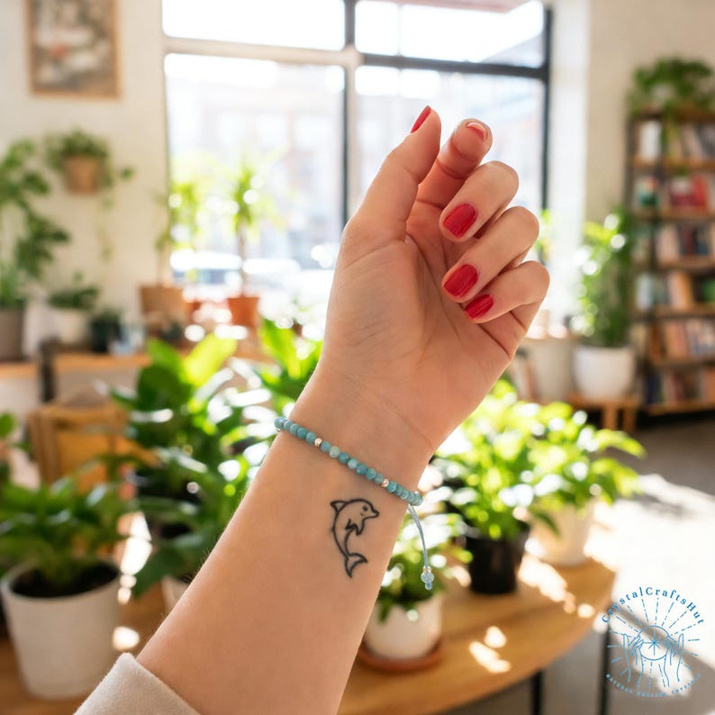 May include: A light blue beaded bracelet with silver accents is worn on a wrist with a dolphin tattoo. The bracelet is made of small, round beads and has a sliding knot closure. The person's nails are painted red.