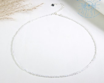 2mm Rainbow Moonstone Beaded Dainty Choker Moonstone Gemstone Delicate Necklace 925 Silver Chain Minimalist Choker Summer Necklace Gift