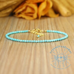 Pulseira delicada com miçangas de pedra turquesa 2mm, pulseira fina com pedras preciosas, pulseira minimalista de pedra pequena, presente delicado para esposa