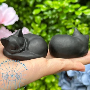 Black Obsidian Kitten Cat Figurine Hand Carved Miniature Stone Animal Figures Cute Cat Statue Mineral Obsidian Carving Home Decor Gift Pouch