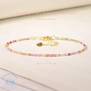 Tourmaline Minimalist Bracelet, Rainbow Gemstone Skinny Bracelet, 3MM Tiny Beaded Bracelet, Crystal Delicate Bracelet, Christmas Gift