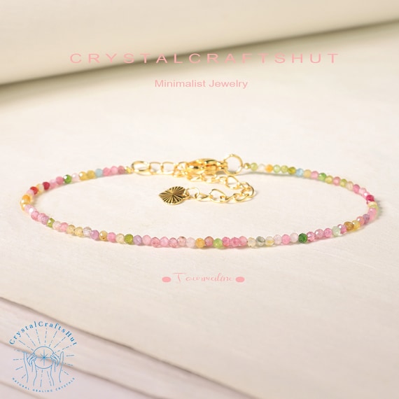 トルマリンミニマリストブレスレット、レインボージェムストーン