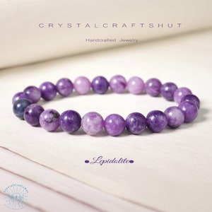 Lepidolite Stone Bracelet 8mm Bead Crystals Bracelet Purple Gemstone Stretch Bracelet Meditation Triple Protection Yoga Bracelet +Gift Pouch