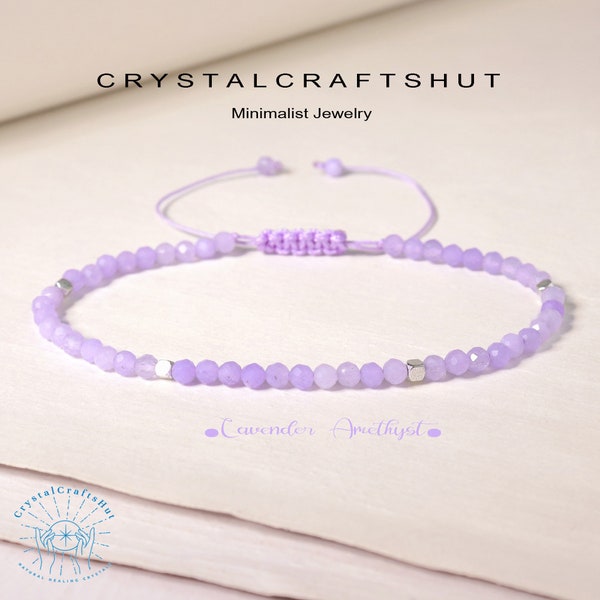 Lavender Amethyst Bracelet Purple Gemstone Bead Minimalist Bracelet 4MM Tiny Bead Stone Bracelet Triple Protection Crystal Dainty Bracelet