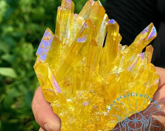 Raw Yellow Titanium Rainbow Cluster Natural Rough Quartz Crystal Cluster Mini Raw Yellow Crystal Cluster Raw Crystal Clusters Nice Gift