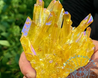 Raw Yellow Titanium Rainbow Cluster Natural Rough Quartz Crystal Cluster Raw Yellow Crystal Cluster Meditation Crystals Unique Gift