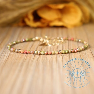 Unakite Beaded Minimalist Bracelet for Women Gemstone Skinny Bracelet 2MM Tiny Bead Stone Bracelet Delicate Bracelet Crystal Bracelet Gift