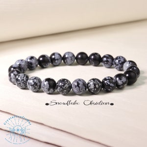 Snowflake Obsidian Bracelet Black 8mm Round Stretch Gemstone Bracelet Meditation Triple Protection Crystal Yoga Bracelet Gift +Gift Pouch