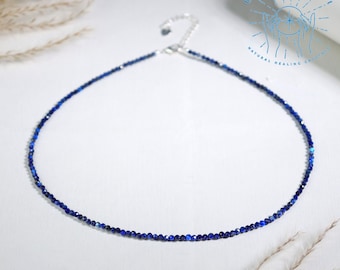 Lapislazuli winzige Perlen Choker-Halskette, natürlicher blauer Edelstein-zierliche Perlen-Choker (einstellbar)