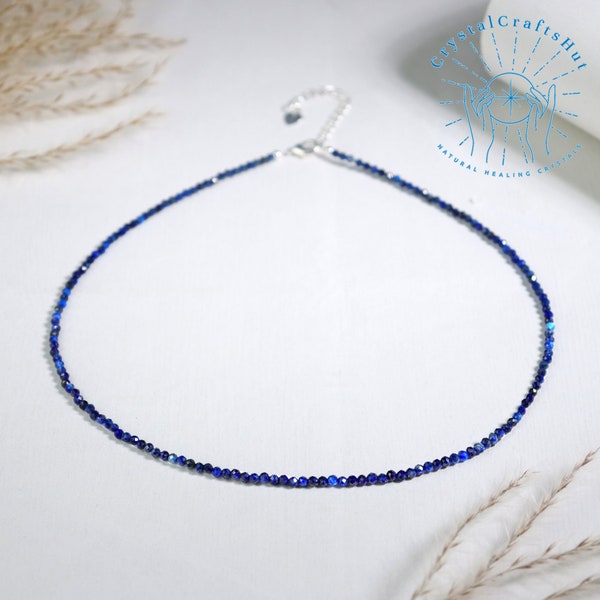 AAA+ Lapis Lazuli 2MM Tiny Beads Delicate Choker Natural Blue Gemstone Beaded Dainty Necklace Adjustable Lapis Lazuli Minimalist Choker Gift