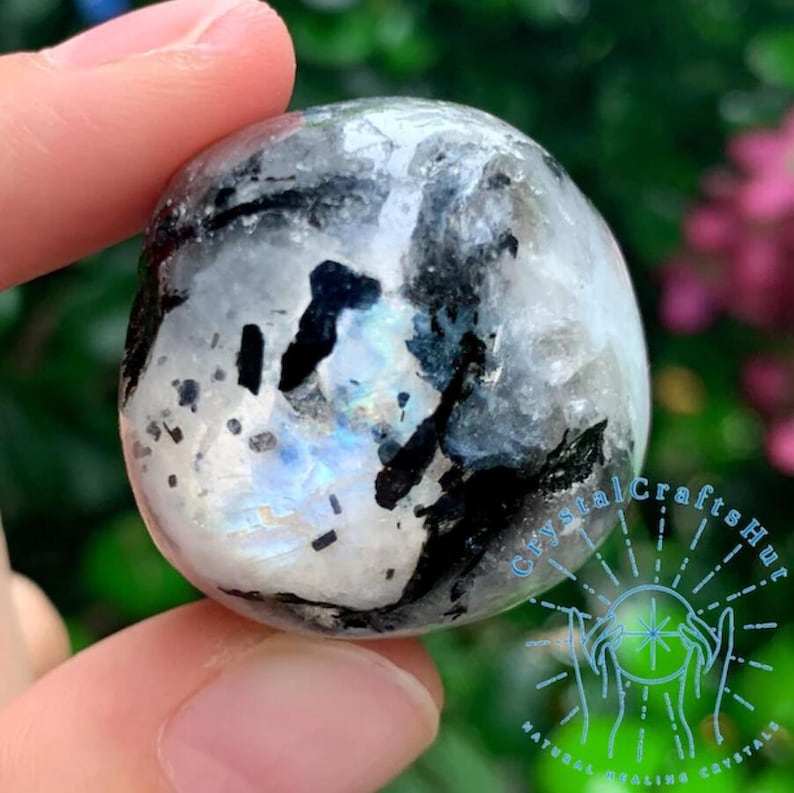 May include: A smooth, round, white and black moonstone with iridescent rainbow flashes. The stone is held in a hand.