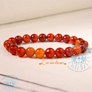 Natural Carnelian Stretch Bracelet - 8mm Red Carnelian Gemstone Beaded Bracelet - Carnelian Birthstone Crystal Boho Bracelet + Gift Pouch