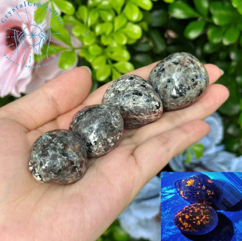May include: Four polished, speckled stones in varying shades of gray and black are held in a hand. The stones have a smooth, rounded shape. The background features green foliage and a logo with the text "Crystal Crafts Hut".