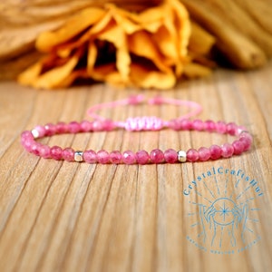Natural Pink Tourmaline Minimalist Bracelet 3MM Skinny Bead Delicate Bracelet Tiny Bead Dainty Bracelet Adjustable Crystal Bracelet Gift