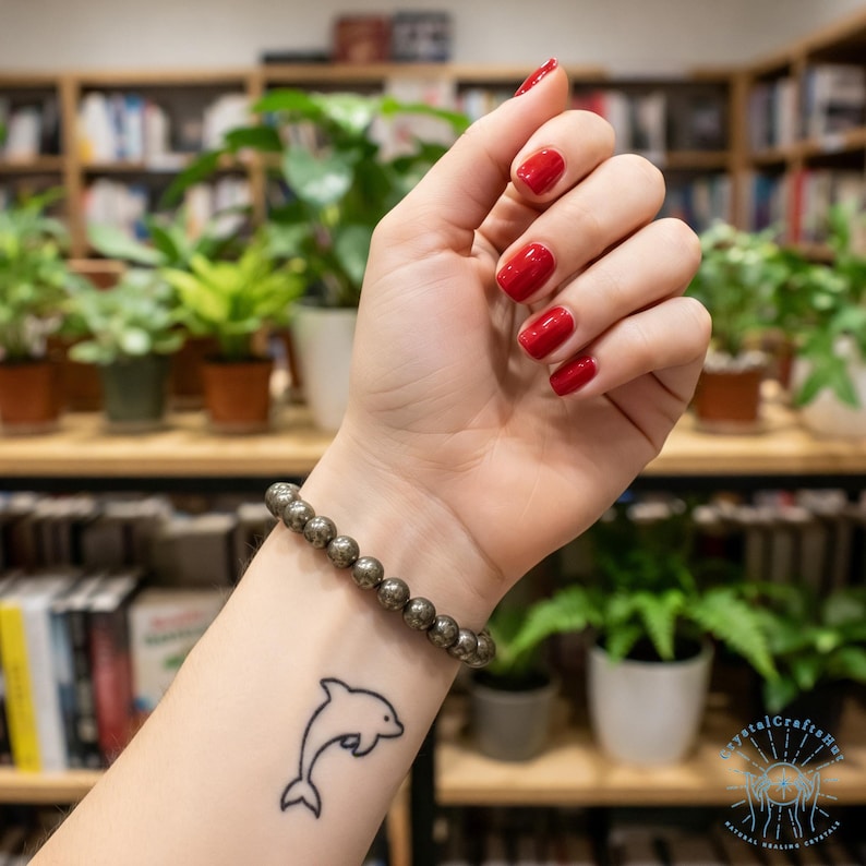 May include: A pyrite beaded bracelet is worn on a wrist with a dolphin tattoo. The hand has red nail polish. The background includes bookshelves and potted plants.