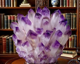 May include: A large amethyst crystal cluster with deep purple tips and clear bases, mounted on a dark wooden base. The crystal formation is the focal point, set against a backdrop of a wooden bookshelf filled with books.