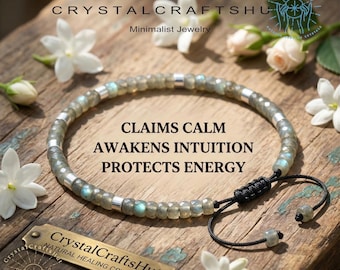 Dainty Labradorite Bracelet | 4mm Gray Gemstone Tube Jewelry | Adjustable Crystal Birthstone (Gift for Her)