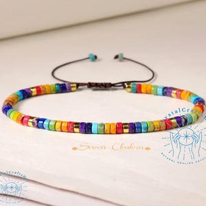 Seven Chakras Bracelet 4mm Rainbow Gemstone Tube Minimalist Bracelet - LGBT CSD Festival Jewelry Dainty Rainbow Pride Bracelet + Gift Pouch