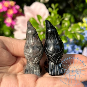 May include: Two carved stone raven figurines. One is a speckled gray, the other is glossy black. The raven statues are held in a hand, with a blurred background of green foliage and pink and blue flowers. The raven statues are detailed with carved feathers.