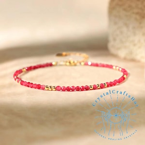 Ruby Minimalist Bracelet, 2mm Red Gemstone Beaded Bracelet, July Birthstone Ruby Dainty Bracelet, Gift for Sister Wife Friends +Gift Pouch